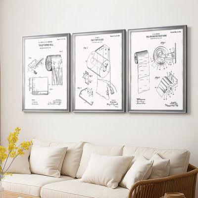 Toilet Paper Patent I  -Custom Framed  Wrapped Gallery Canvas - 3 Pieces