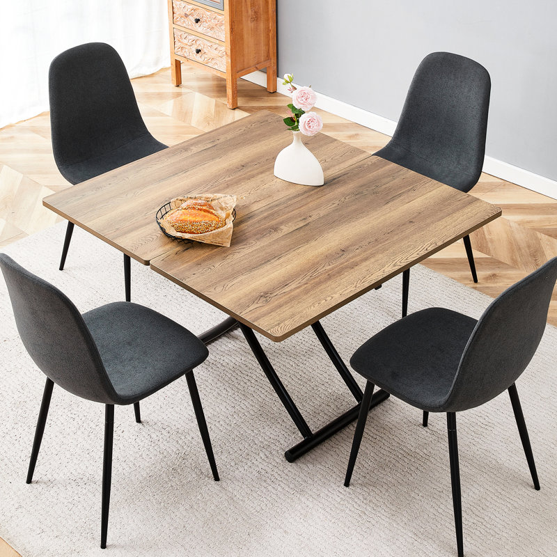 Chaise et table multifonctionnelles avec pieds réglables, texture en bois naturel, métal noir, chaises en lin gris foncé
