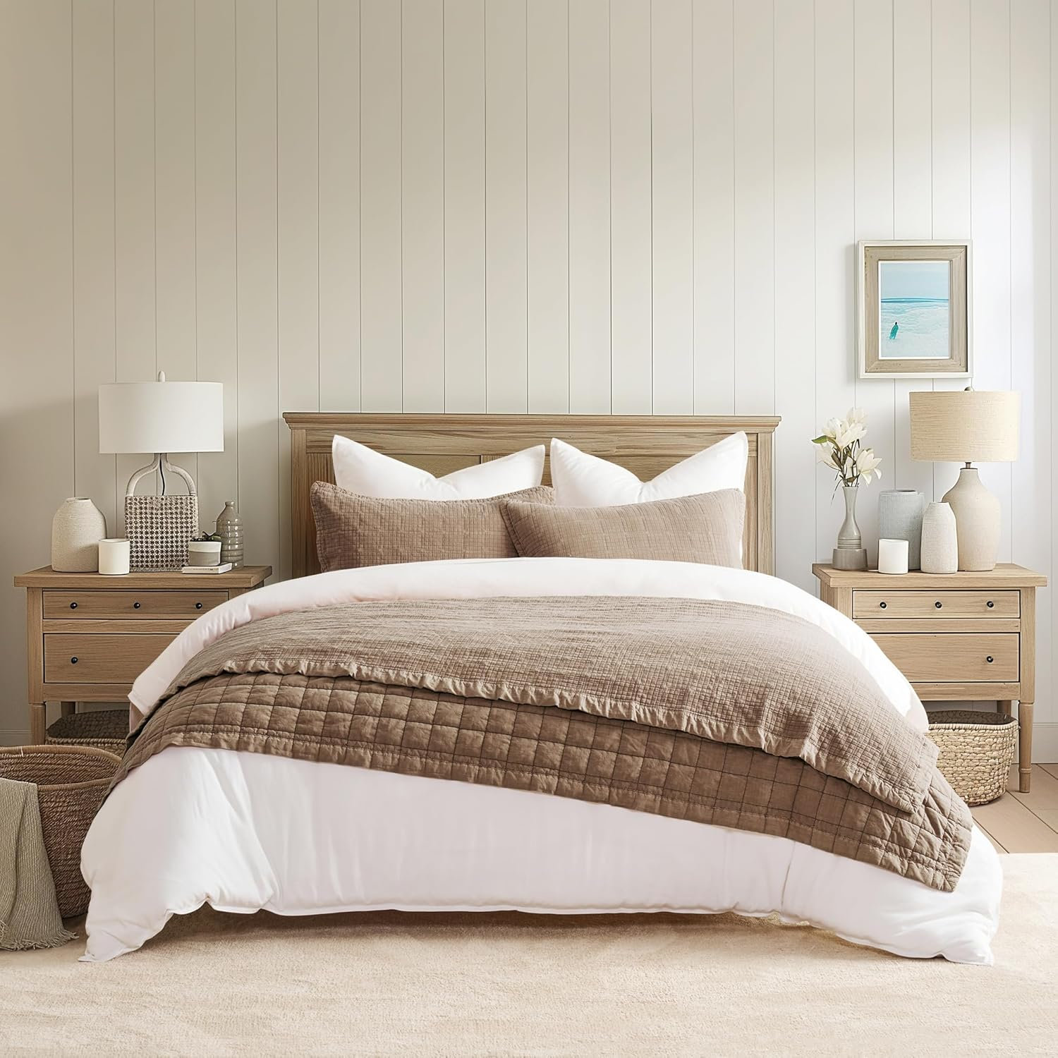 Stonewashed Crinkle Cotton Box Stitch Quilt Set, Mocha Brown, King Quilt + 2 King Shams