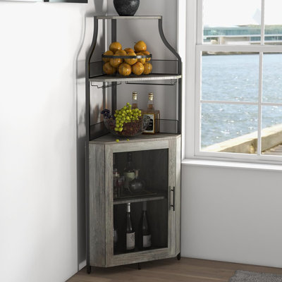 Industrial Corner Wine Bar Cabinet, Liquor Storage with Glass Holder, Coffee & Home Bar Use