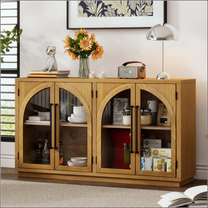Buffet 4 portes avec rangement et portes vitrées, armoire arquée avec tablettes réglables pour la cuisine, la salle à manger et le salon
