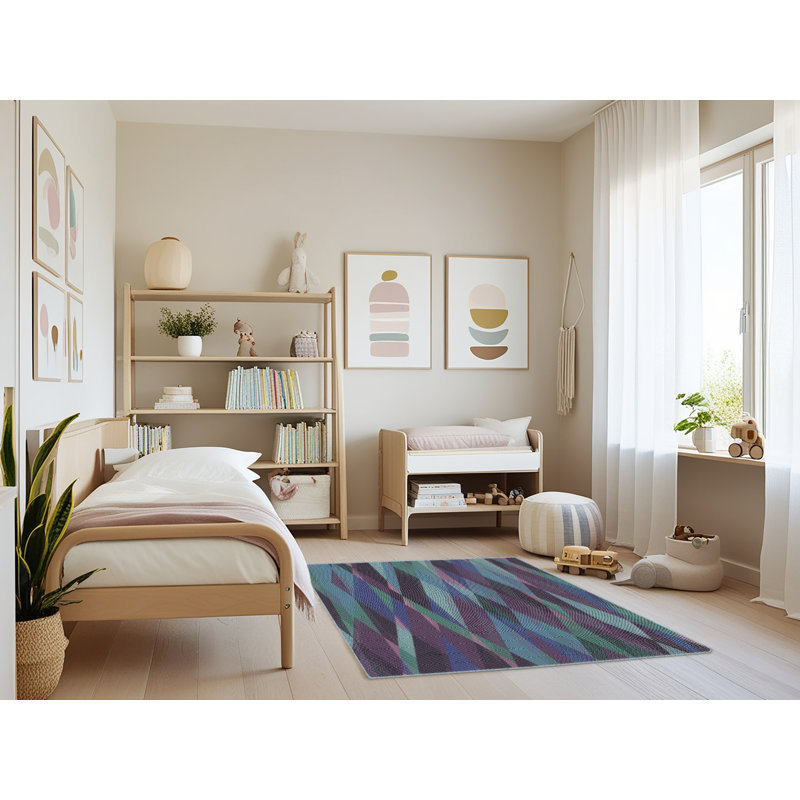 Tapis vert/bleu à motifs, Rectangle 4 pi x 6 pi