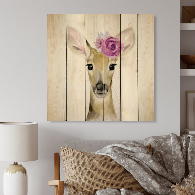 Fauve avec fleur rose - impression traditionnelle sur bois, H 16 po x l 16 po x P 1 po