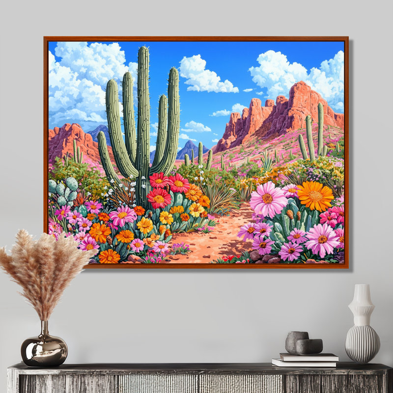 Désert fleuri en Arizona I - Arizona, art mural, H 30 po x l 40 po, Impression dans un cadre flottant sans passe-parto, Brun