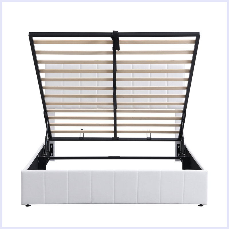 Lit plateforme tapissier moderne avec système de rangement hydraulique, Blanc, Grand
