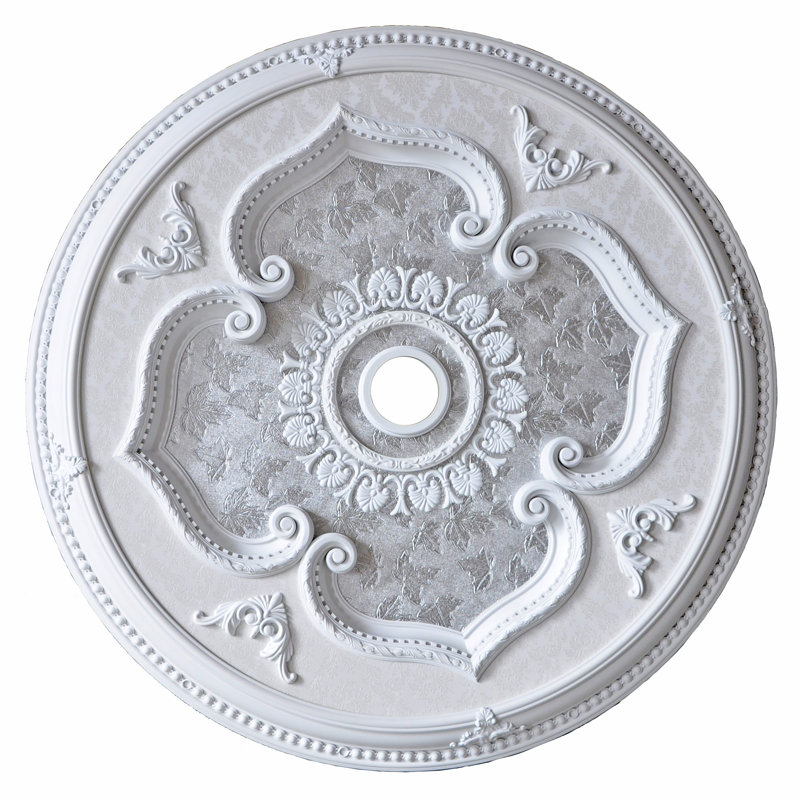 Round 43" Classic White Ceiling Medallion Silver Leaves Motif