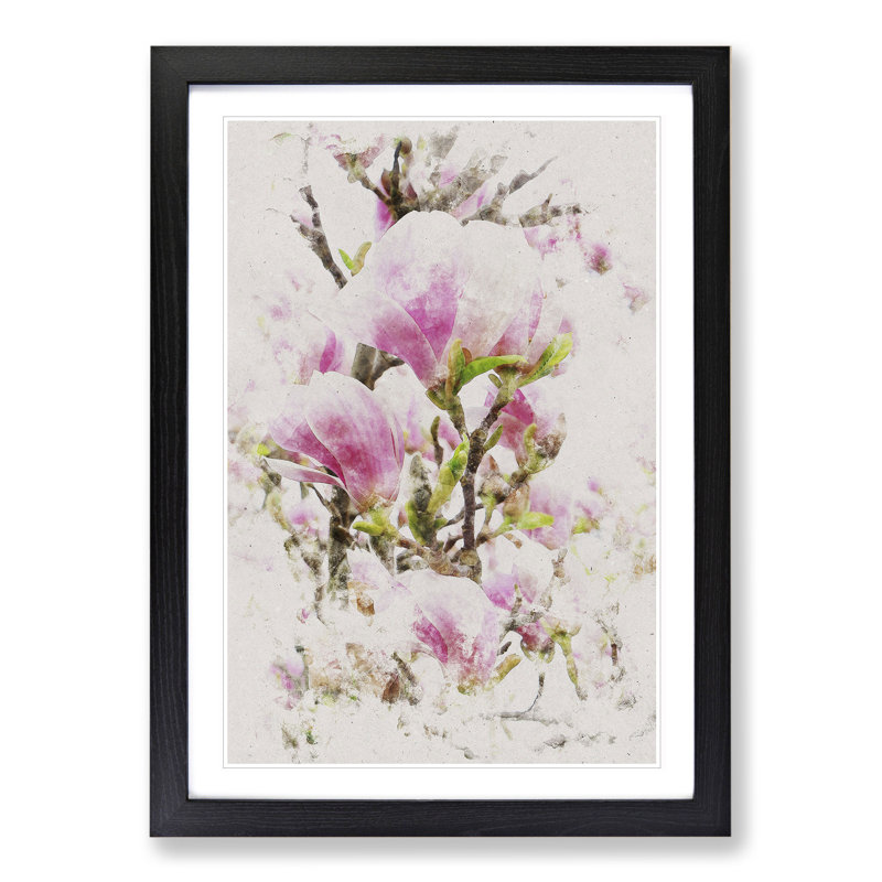 Pink Magnolia Blossom Flowers - Picture Frame Graphic Art on MDF, 48cm H x 36cm W x 2cm D, Black Framed