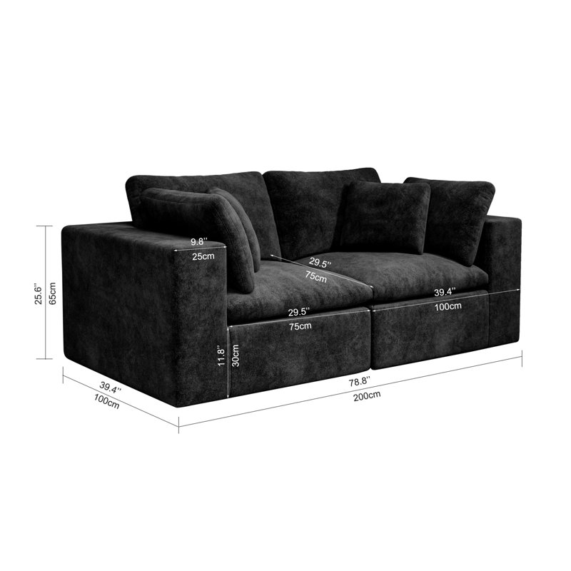 Canapé modulaire modulaire, canapé rembourré compressé, 2, H 25,6 po x l 78,8 po x P 39,4 po, Noir