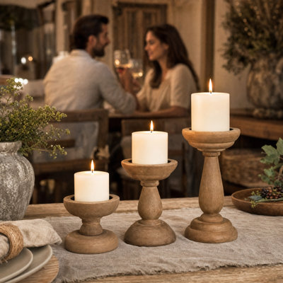 Set of 3 Wooden Candle Holder, Natural Paulownia Wood Pillar Candle Holders with Clear Varnish, 4/6/8 Inch Height, Rustic Table Centerpiece Decor for