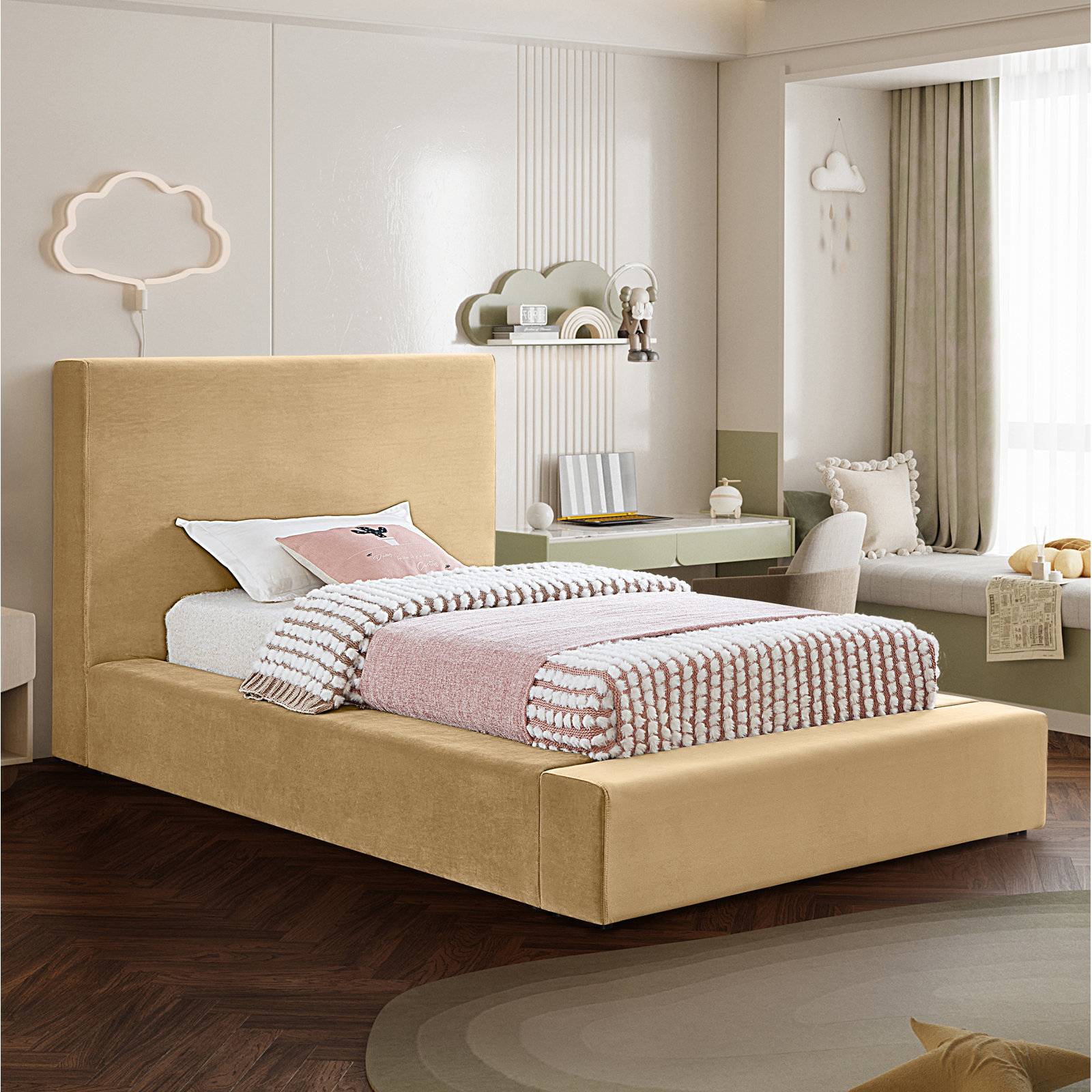 Ishia Upholstered Platform Bed, Twin, Camel Velvet