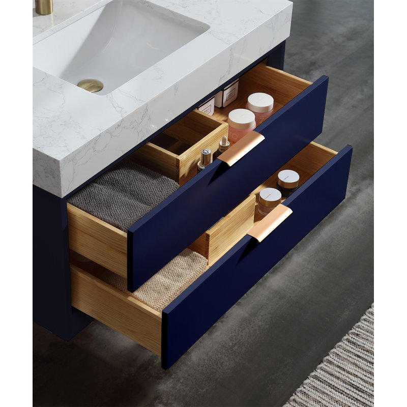 Solid wood 36'' Modern Wall Mounted Single Bathroom Vanity with Engineered Stone Top and Light, Blue