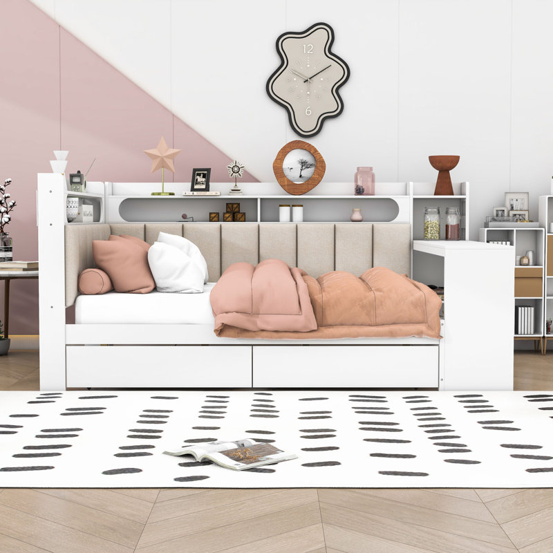 Full Daybed with Shelves,Drawers,LED Light and Desk, Whtie