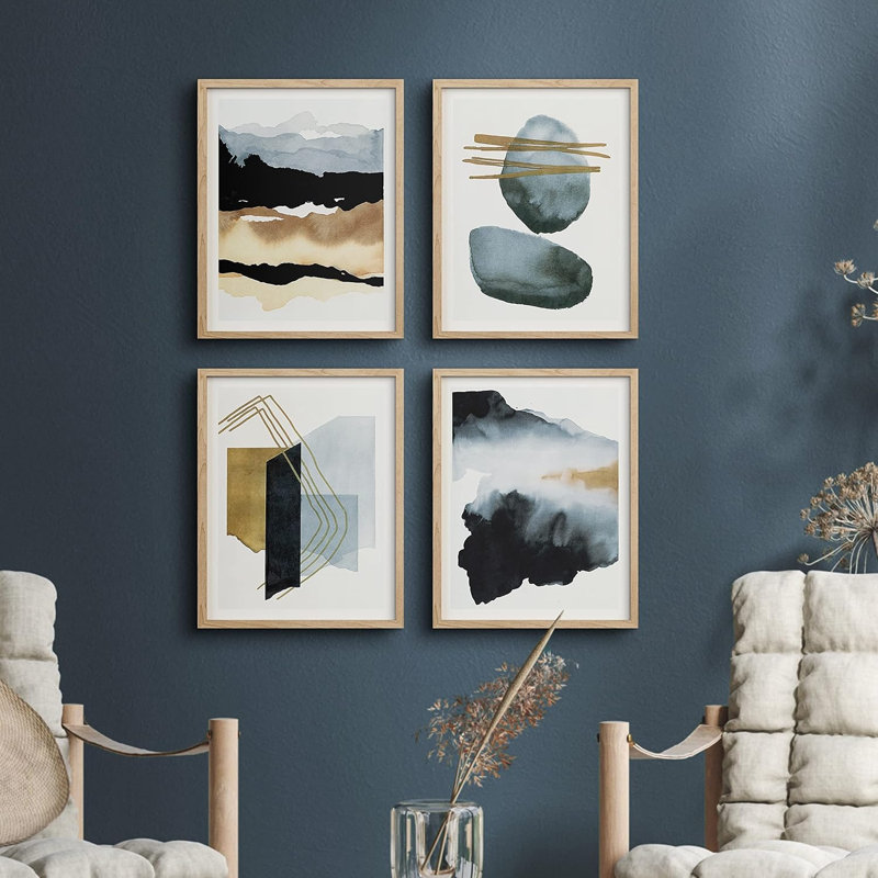 «Bathroom Bathroom Decor Multicolor Blue Pastel Aquarelle Landscape Abstract Shapes Wall Art Relax», impression encadrée sur papier, 4 pièces