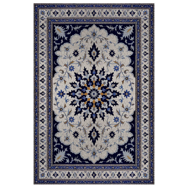 Quarza Collection Digital Print Cotton-Polyester Gray Navy Moroccan Rug, Runner 6'7" x 16'5"
