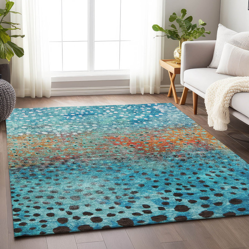 Machine Washable Indoor/Outdoor Chayil ACN1074 Blue 8' x 10' Rug, Rectangle 10' x 14'