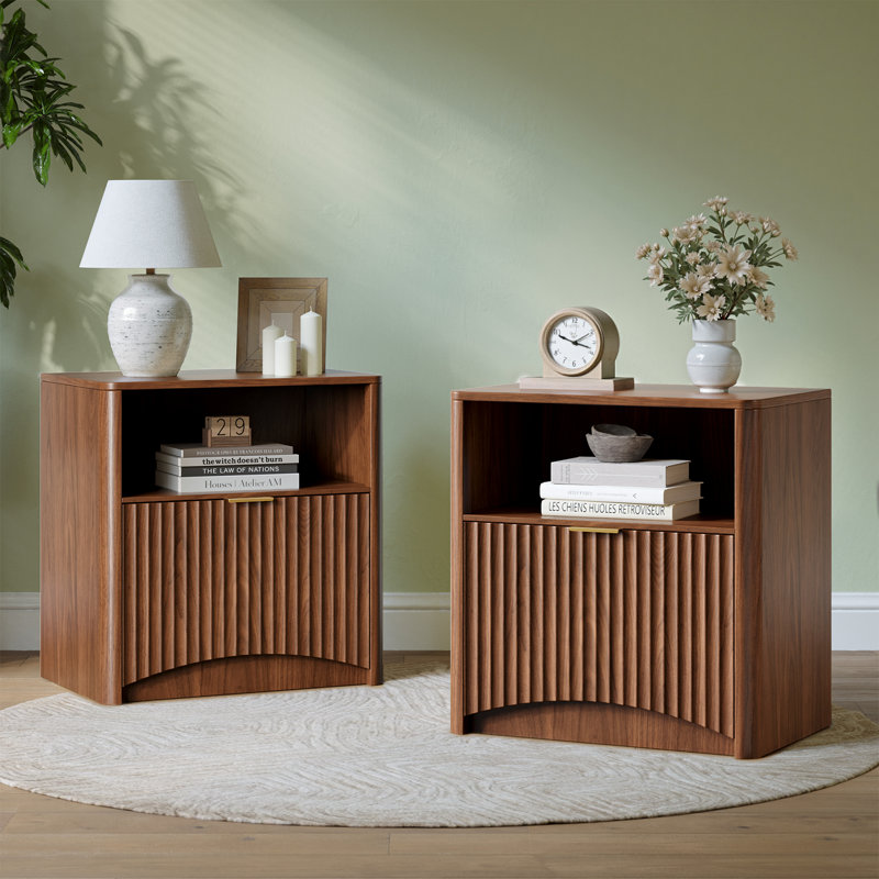 Mid Century Modern Nightstand With Drawers, Wood Fluted Bedside Table With Storage(Set of 2), Set of 2, Brown