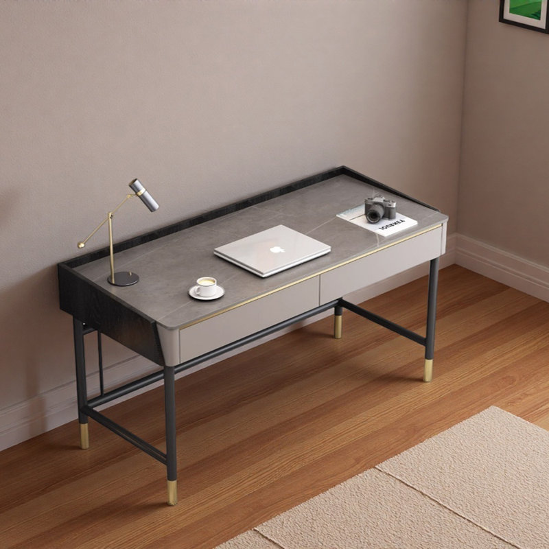 Simple Grey Rock Slab Double-drawer Writing Desk, 29.52" H x 55.11" W x 19.68" D