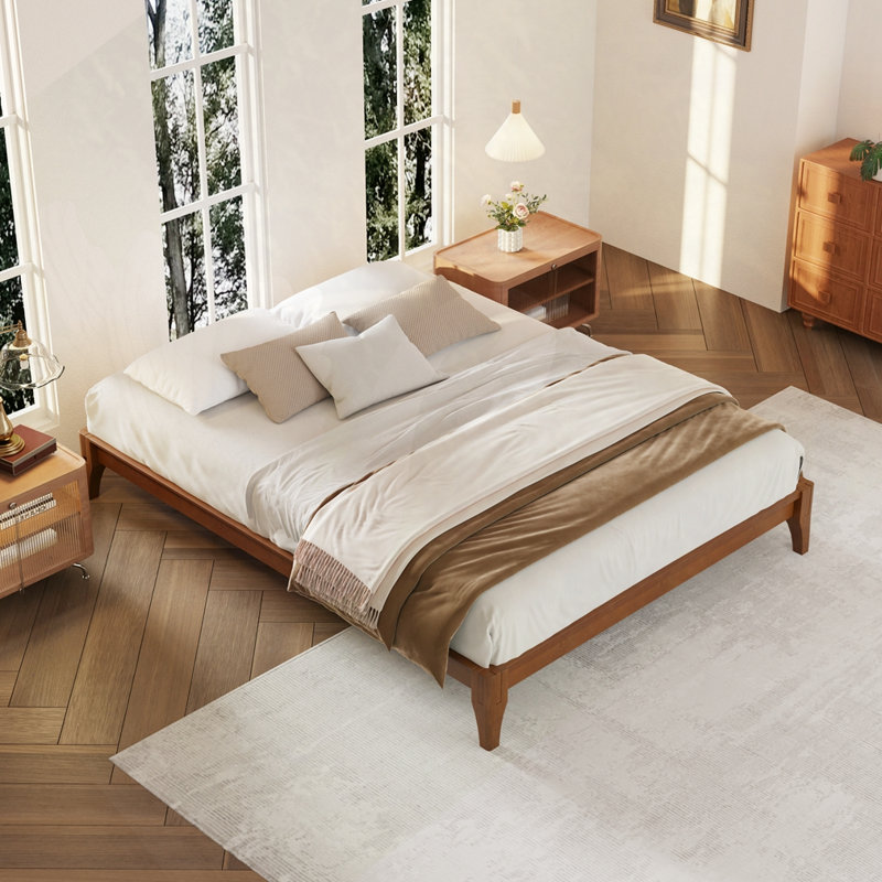 Base de lit plateforme en bois de bambou massif sans tête de lit, Lit double, Brun