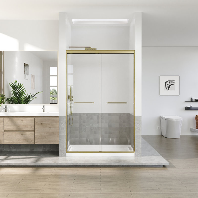 45 To 48 In. W X 72 In. H Semi Frameless Double Sliding Shower Door With 5/16 In. Tempered Clear Glass, Brushed Gold