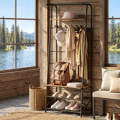 Organisateur de vestibule 4 en 1 avec portemanteau, banc à chaussures et tablette à 3 niveaux, capacité de 350 lb, structure en métal robuste pour le vestibule, finition brun rustique