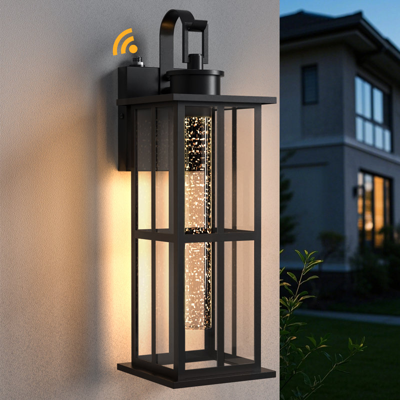 20''H Dimmable LED Black Iron Outdoor Wall Light with Dusk to Dawn and Seeded Glass