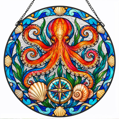 Orange Octopus and Compass in Stained Glass Circle Canvas Wall Art