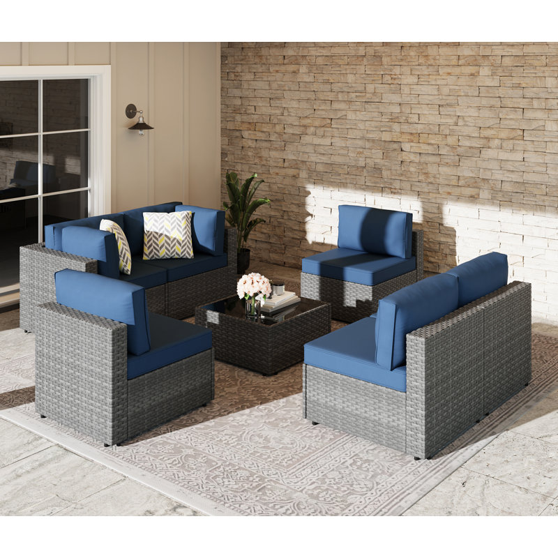 Alivia 6 - Person Outdoor Patio Set Wicker Seating Group with Cushions, Navy/Gray