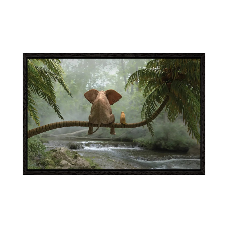 Elephant And Dog Sit On A Palm Tree In Tropical Forest by Mike Kiev - Gallery-Wrapped Canvas Giclée on Canvas, Black Framed
