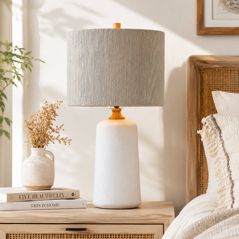 Amarchand 24 in. White Traditional Dimmable Ceramic For Bedroom/Living Room Bedside Desk Nightstand Single Table Lamp With Rattan Empire Shade