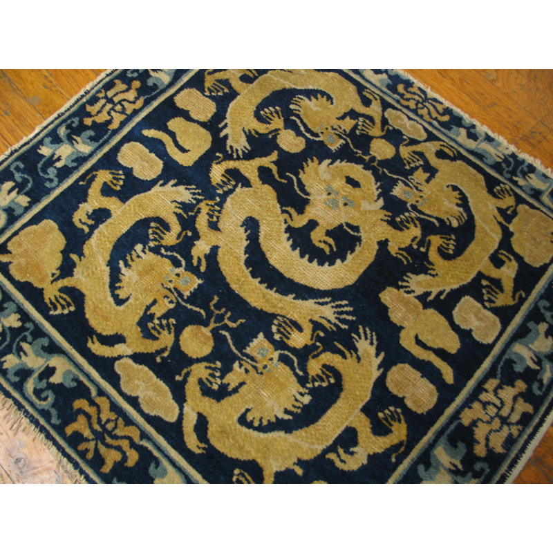 Blue Mid 19th Century Antique Five Clawed Chinese Dragons Square Ningxia Rug
