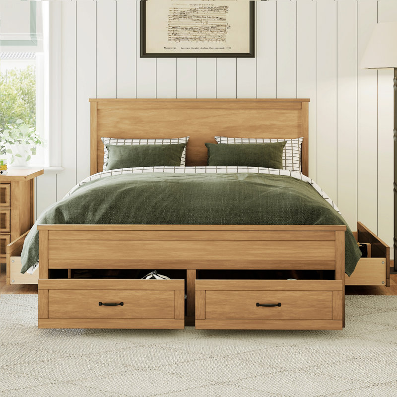Modern Wood Storage Bed Frame With 6 Drawers, Platform Bed With Wooden Slats Support, Seadrift