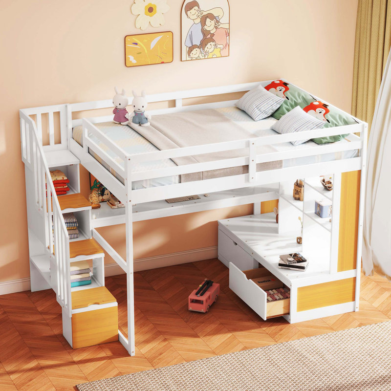 Lit mezzanine double pleine grandeur avec bureau, tablettes de rangement, deux tiroirs intégrés et escalier de rangement pratique, blanc et naturel