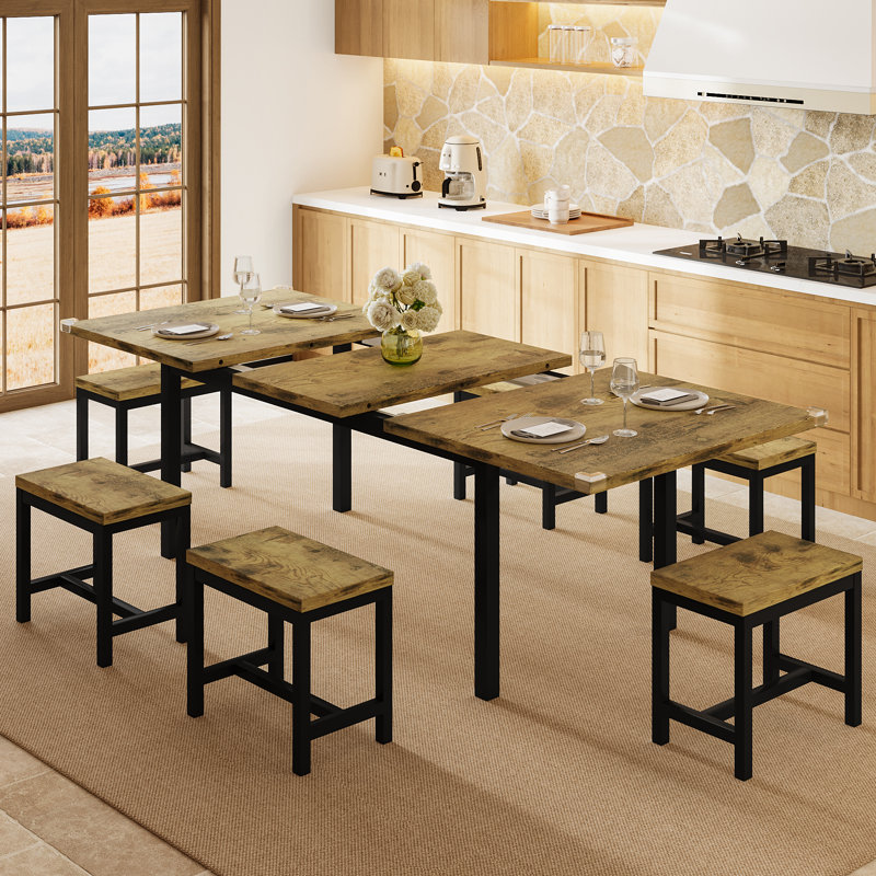 Ensemble de table de salle à manger 7 pièces, table de cuisine extensible de 63 po avec 6 tabourets, table de salle à manger moderne avec cadre en métal et panneau de fibres à densité moyenne Mid-Century, peu encombrant, facile à assembler, brun rustique