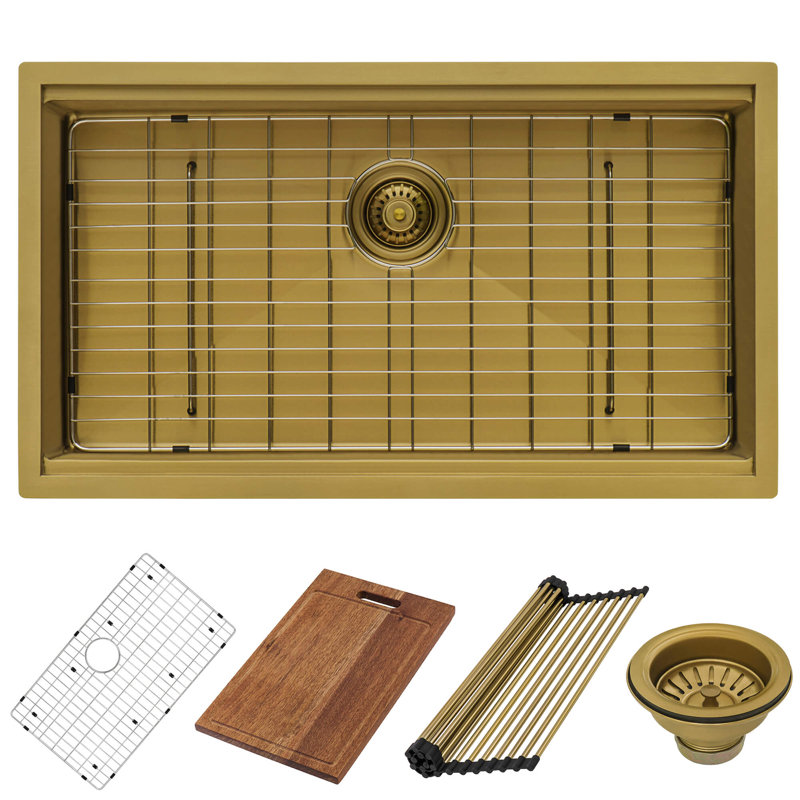 Workstation 33" L x 19" W Undermount Kitchen Sink with Sink Grid, Matte Gold, 33" L x 19" W