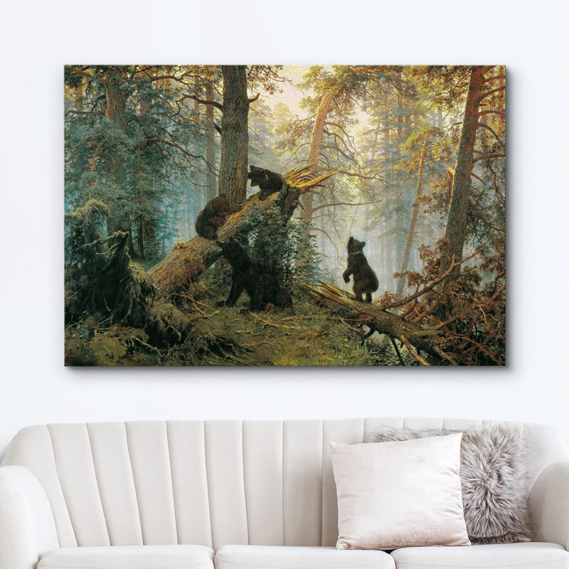 Morning in Pine Forest Canvas Art with Black Bears