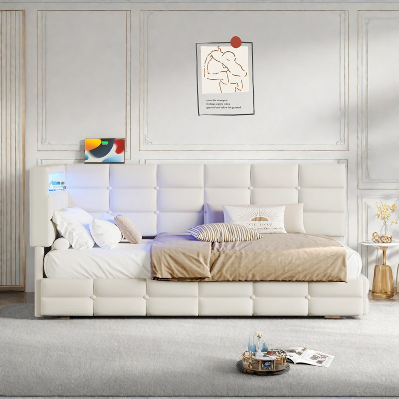 Upholstered Daybed With 2 Drawers, Charging Station, Led Lights, Storage Headboard And Checkered Button Decoration, Beige