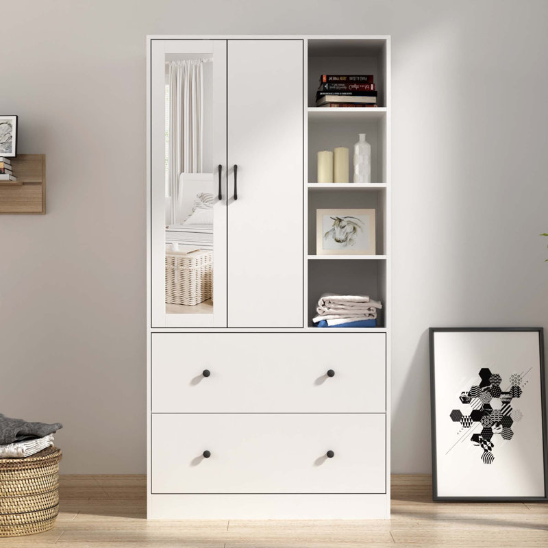 Armoire moderne blanche avec porte miroir, tablettes ouvertes et deux grands tiroirs - solution de rangement compacte pour les chambres à coucher