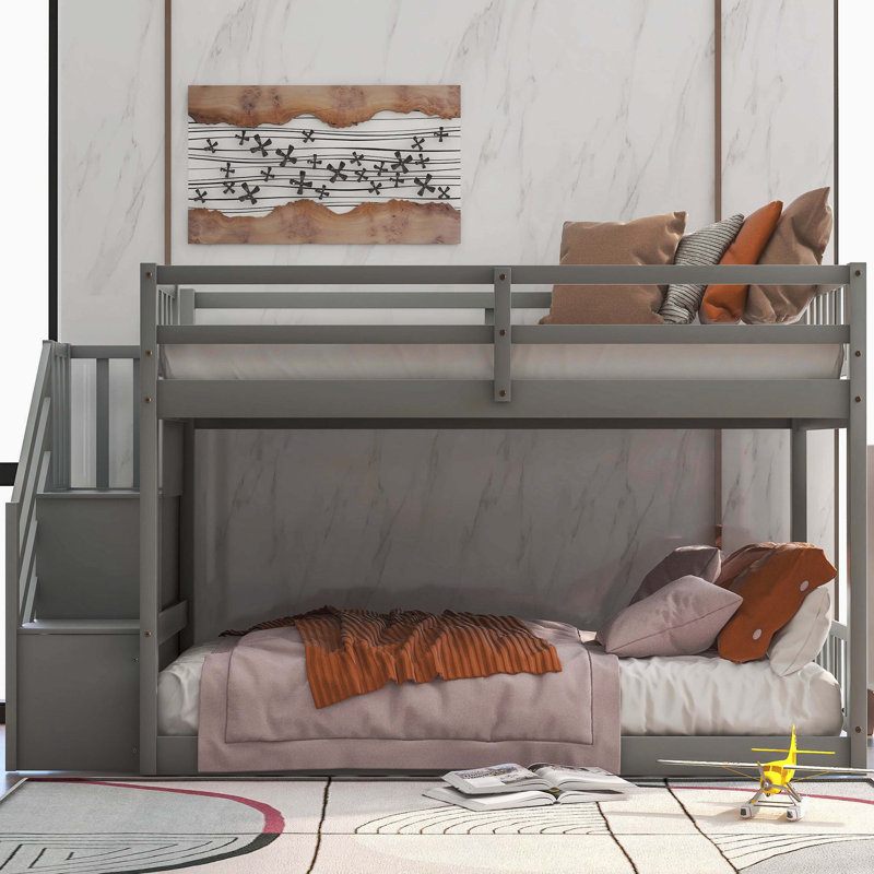 Lit superposé simple au-dessus d'un lit simple avec échelle de rangement, gris, Gris