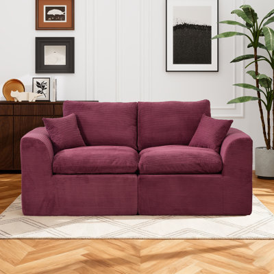 80" Loveseat Sofa For Living Room, Corduroy Sponge Double Sofas With 2 Throw Pillows For Small Spaces, Office Camel