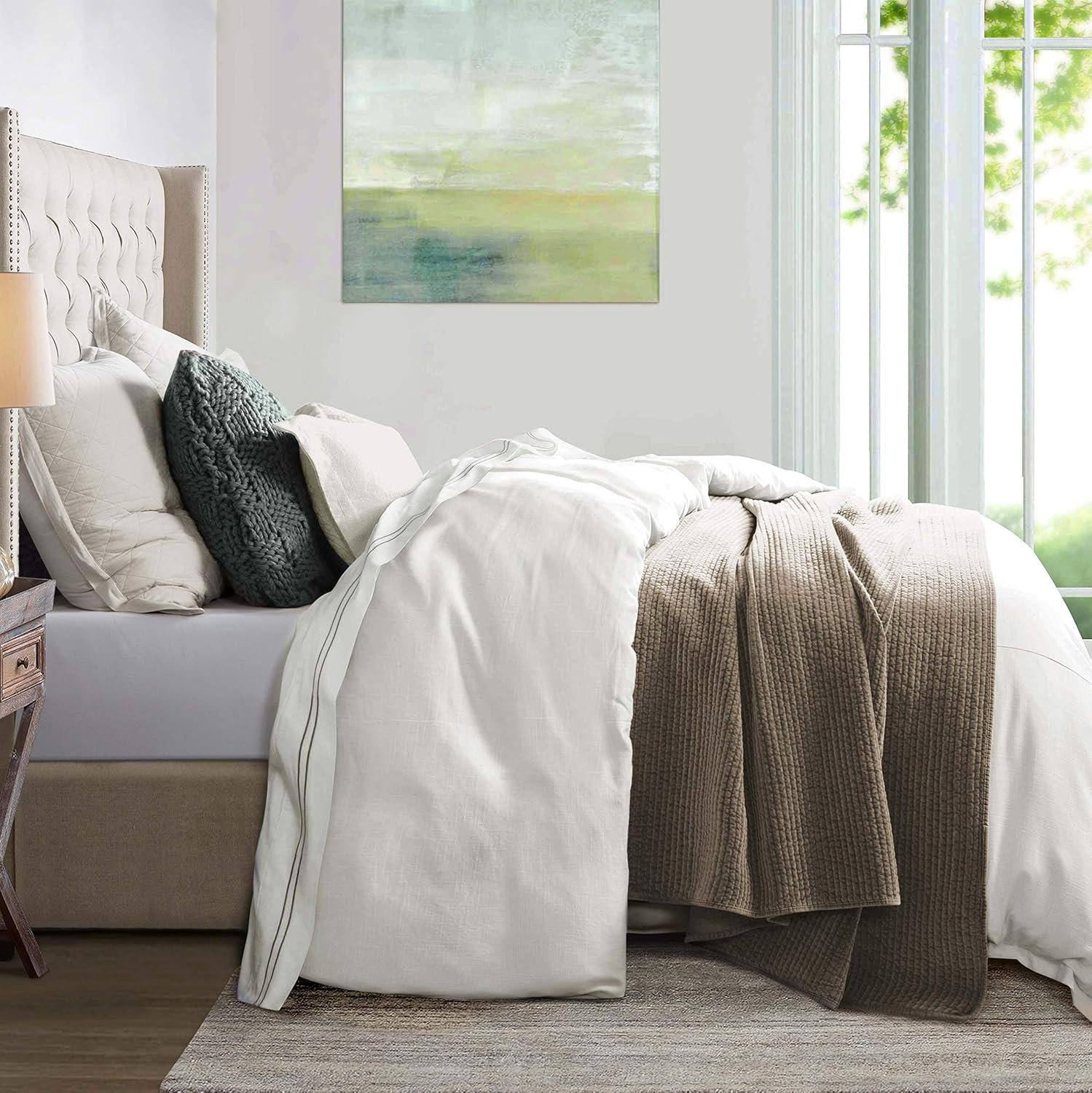 Hera Washed Linen Flange Modern Rustic Chic 3 Piece Comforter Set, Queen Comforter + 2 Shams, White
