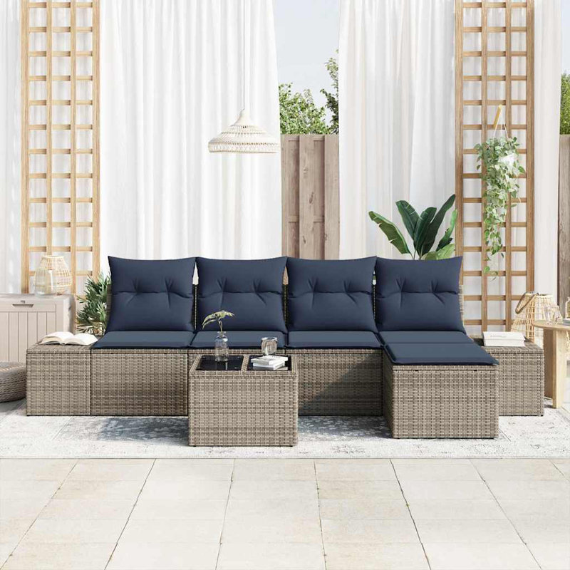 Ensemble de canapé vidaXL avec coussin 6 pièces synthétique gris: rotin de polyester, Coussin bleu marine / structure grise
