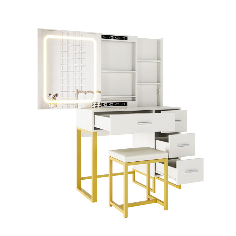4 Drawer Vanity Dresser Set with Sliding LED Mirror, 3 Color Lighting, Built-in Charging Station, Open Shelf and PU Stool, Modern Makeup Dresser for Bedroom