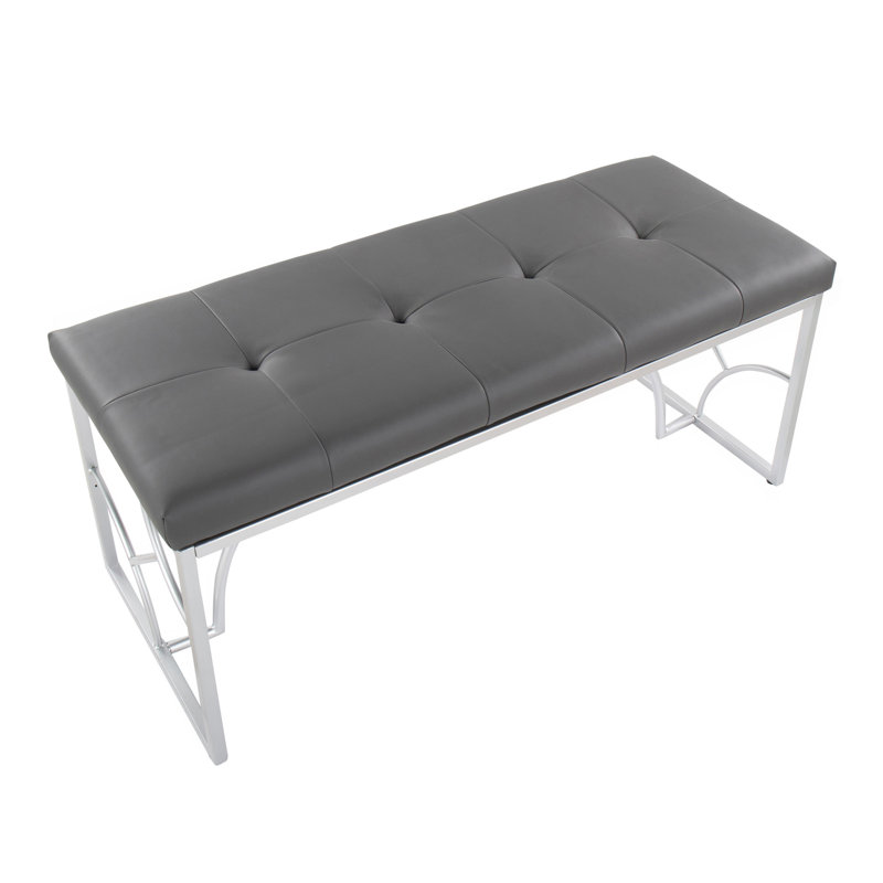 Banc contemporain en métal argenté et similicuir gris, Gris