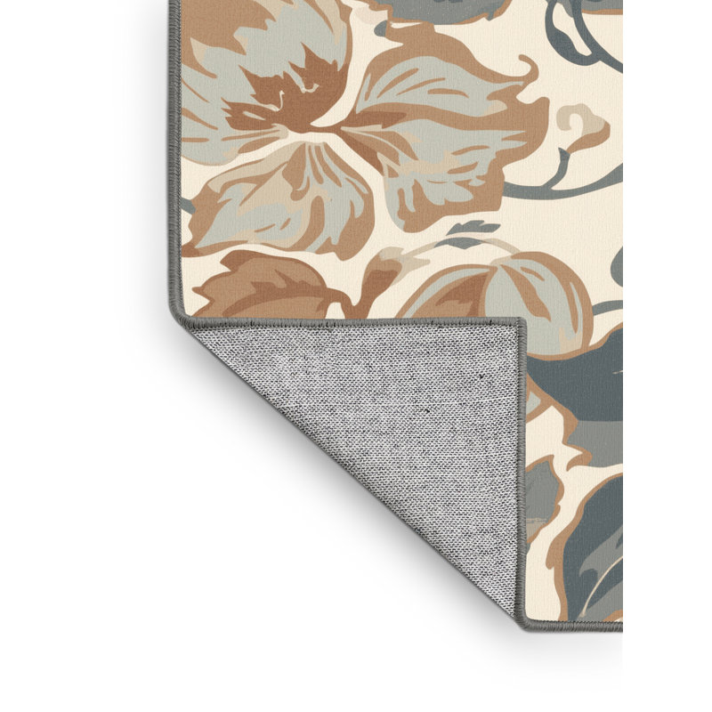 Machine Washable Ortencia Clematis French Country Floral Rug in Brown – Gray Binding, 6' Square
