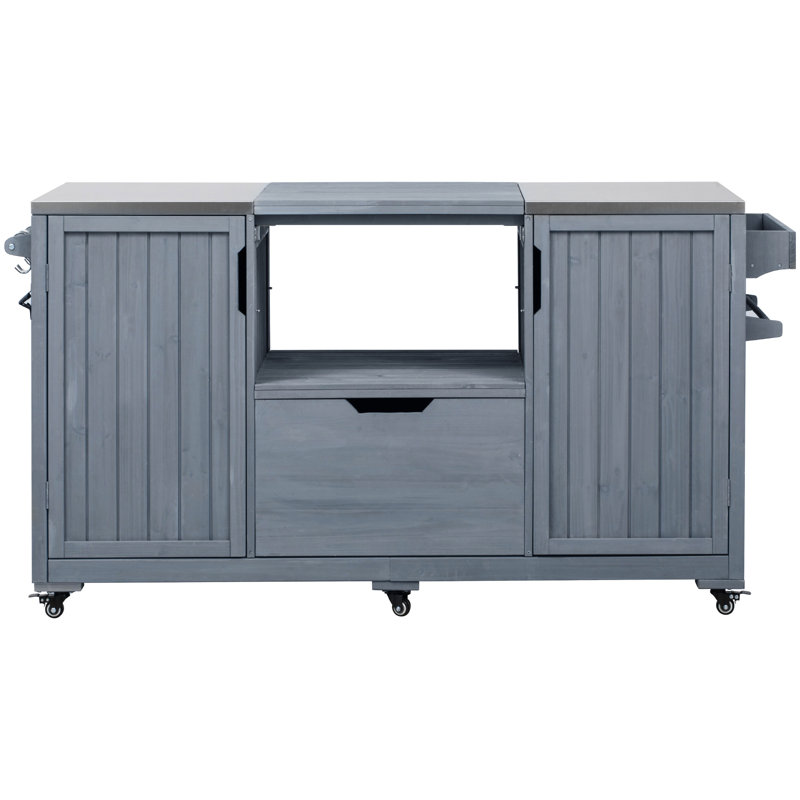 Outdoor Grill Station - 66.5" Solid Wood Cart With Stainless Steel Tabletop, Internal Storage, And Feature Kitchen Island Fir Top, Modular Paper & Spice Rack, Mobility For Grilling
