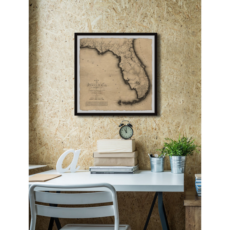 Florida 1823 State Map - Reproduction d'art graphique sur papier encadré, H 18 po x l 18 po x 1,5 po
