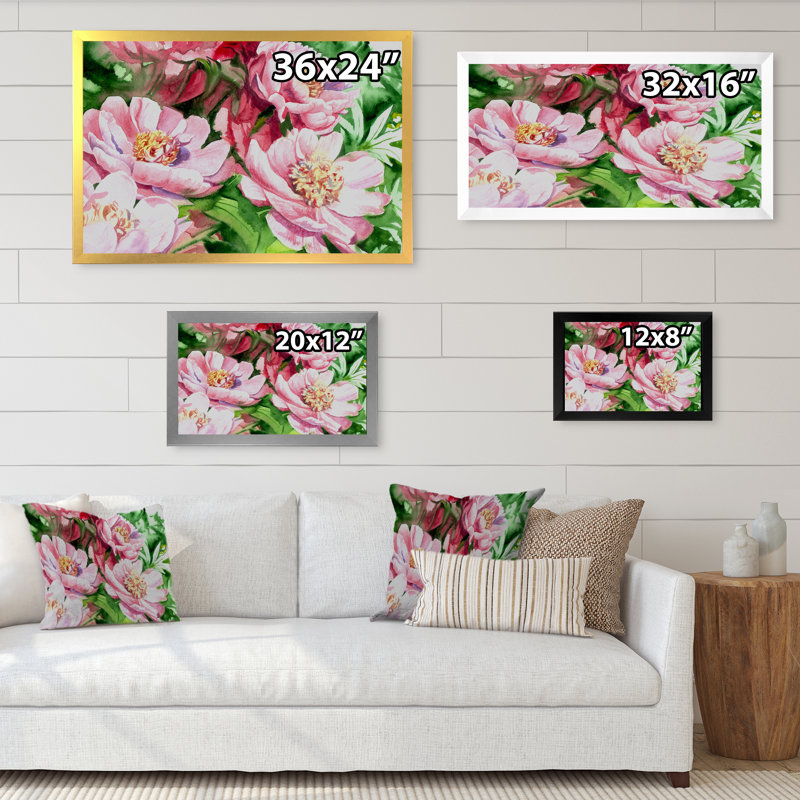 Aquarelle, pivoines roses, reproduction sur toile flottante, H 8 po x l 12 po x P 1 po, Cadre photo blanc