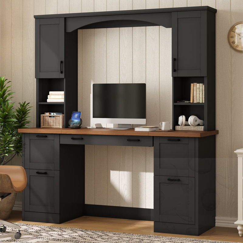 Bureau d'ordinateur arqué avec tablette, station de recharge, plateau pour clavier et tiroir, Brun / Blanc
