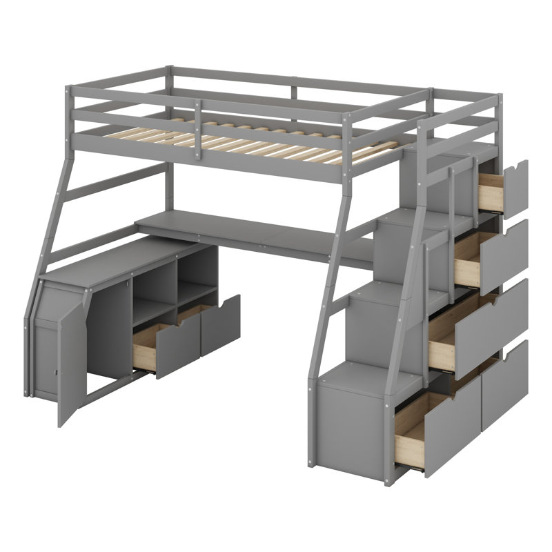 Loft Bed With Drawers, Shelves And Desk, Gray