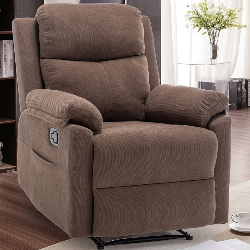 Manual Recliner Chair ,Small Recliners For Small Space, Soft Fabric Upholstered Recliner With Side Pocket, Brown
